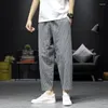 Men's Pants Ninth Harem Men Spring Summer Thin Fashion Striped Loose Linen Casual Sport Trousers Male Streetwear Pockets Jogger