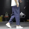 Calça Masculina Ninth Harem Masculina Primavera Verão Fino Moda Listrada Linho Solto Calças Esportivas Casual Masculino Streetwear Bolsos Corredor