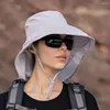 Breite Krempe Hüte Visier Angeln Tuch Outdoor Klettern Kappe Große Mit Lanyard Sommer Sonnenhut Eimer Frauen