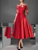 Elegant Short Red Lace Mother of the Bride Dress With Pockets Satin 3/4 Sleeve Godmother Dresses Formal Party Gown Pleats La madre del vestido de novia Women Dresses