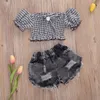 Ensembles de vêtements bébé filles vêtements à manches courtes hors épaule Plaid T-shirts hauts Shorts en jean 2 pièces pour 2 9Y été enfant en bas âge mode 230731