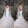 Elegant sexig vit spets sjöjungfru bröllopsklänningar rena tillbaka avtagbara tåg brudklänningar plus storlek vestidos de noiva155t