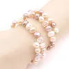 Strand 3 ROWS 7-8mm Natural White Pink Purple Baroque Potato Pearl Stretch Bracelet 7"