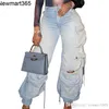 2023 Nya designer kvinnor jeans tredimensionell flerväska denim casual bred benbyxor