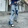 Men's Jeans Harajuku Stars Letter Embroidery Patchwork Straight Flare Jeans Pants Mens Retro Ripped Oversized Casual Denim Trousers J230728