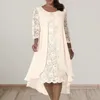 Casual Dresses Round Neck Lace Dress Elegant Embroidered A-line Midi For Plus Size Women Double Layers Three Quarter Party