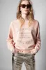 Zadig Voltaire 디자이너 순수면 스웨트 셔츠 클래식 편지 자수 분홍색 면화 여성 자수 풀오버 클래식 패션 스웨터 대상 대형