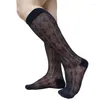 Men's Socks See Through Mens Rhombus Striped Knee High Long Tube Black Formal Dress Suit Sexy Stocking