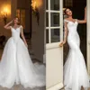 2021 robes de mariée sirène grande taille avec train détachable col transparent appliqué dentelle robes de mariée robes de mariee297V