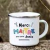 Tumblers Merci Maitre Tryckt muggar Creative Coffee Tea Cups Dricks Water Milk Emamel Mugg School Home Handtag Drinkware Presents for Teacher 230731