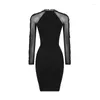 Casual klänningar 2023 Kvinnor Autumn Long Sleeve Sexig toppkvalitet Kändis Black Mesh Strech Rayon Bandage Dress Evening Party Party