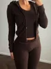 Kvinnors hoodies tröjor Sibybo Slim Sexy Women Dragkedja hoodiespants 2 bit Fall Black Laceup Pockets Sweater Woman Street Fashion Femme Cardigans 230731