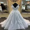 Элегантные V Sect Silver Grey Wedding Dress the Line Tulle Speep Train Princess Кружевая аппликация рюши