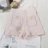 Damskie szorty Modne koraliki z podwójną kieszenią wysoką talię szeroką nogę krótkie spodnie Kobiety Pantalones Cortos de Mujer Tweed Pink Femme