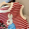 Kadın Sweaters Karikatür Kırmızı Çizgili Örme Kazak Kadın Sakilleri Kolsuz O Boyun Kısa Yelek Vintage Casual Jumbers