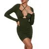 Vestidos Casuais Feminino Sexy Criss Halter Tie Up Ruched Bodycon Dress Manga Longa Recorte Mini Short Fall Streetwear DropShip