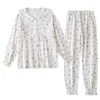 Women's Sleepwear Women Pajamas Cotton Long-sleeved Trousers Home Clothes Crepe Rural Floral Cute Pajama Set Sexy Pijamas 2 Piece