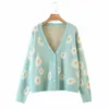 Damen Strick T-Shirts Kpytomoa Femme Modedruck Weicher Pullover Damen Volle Ärmel Floral Single Little Daisy V-Ausschnitt Pull Oversize Cardigan Streetwear 230729