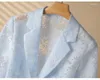 Women's Suits Luxury Summer Women Flowers Organza Sun Protection Blazers Coat Floral OL Hollow Out Gauze Suit Cardigan Half Sleeve Blue Tops