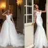 2021 robes de mariée sirène grande taille avec train détachable col transparent appliqué dentelle robes de mariée robes de mariee297V