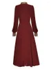 Casual Dresses Standing Collar Lantern-sleeve Wine Red Embroidery Single Breasted Button Retro Temperament Black Long Dress Chiffon