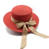 Wide Brim Hats Female Summer Sun Straw Caps 57-58cm Flat Champagne Bow Strap Solid Color Small Beach Travel Fashion Ladies TY0216