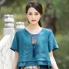 Ethnic Clothing Cotton Linen Short Sleeve Top Women Retro Style Loose Embroidery Tassel Shirt Chinese