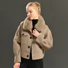 女性はJXWatcherカシミアコートと大きな本物の毛皮の襟の冬のジャケットポケットフルスリーブクロップドアウターウェアストリート230729