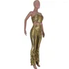 Women's Two Piece Pants Sparkly Golden Sexy Lady Suit Bra Top And Ruffles Spliced Long 2 Set Night Club Outfit