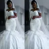 2020 Neue günstige südafrikanische Plus Size Meerjungfrau Brautkleider Schulterfrei Spitze Applikationen Perlen Arabisch Sweep Zug Formal Bridal160I