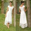 Bescheidene Brautkleider in A-Linie mit voller Spitze 2020 Vintage U-Ausschnitt Teelang Brautkleider Boho Hi-Lo Brautkleider255t