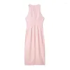 Casual Dresses Woman Sweet Pink Linen V Neck Tank Dress 2023 Spring Female Elegant Solid Sleeveless Long Chic Event