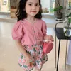 Clothing Sets Summer Girls Temperament Single breasted Puff Sleeve Sweet Top Flower Shorts 2Pcs Baby Kids Children Clothes Suit 230731