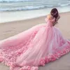 2019 Pink Cloud 3D Flower Rose Dresses Long Tulle Puffy Robe De Mariage Bridal Gown