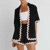 Survêtements femme Cardigan chemise short ensemble vague dentelle boutonné taille haute élégant été vêtements de plage