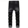 Men's Jeans Black Hole Denim Men Slim Solid Color Bleached Ripped Full Length Casual Trousers Cowboy High Quality Fashion L230731
