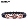 Charm Armbanden Trendy Rose Goud Zwart Armband Lava Steen Pave CZ Keizerskroon En Helm Voor Mannen Of Vrouwen Pulseira Hombres2094