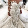 Amazing Mermaid Lace Trouwjurken Met Afneembare Sleep Sheer Sweetheart Neck Bruidsjurk Lange Mouwen 3D Appliqué Trompet Wed2857