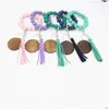 Keychains Lanyards Fashion Wood Bead Armband Party Beech Tassel Keychain Pendant Leather Armband Dams Jewel Wood Wrist Disc OTQ2L