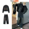 Mens Tracksuits Korean Style Male Jacket Set Denim Solid Color Lapel Coat Wide Leg Straight Jeans Casual Loose Two Piece Suit Unisex 230731