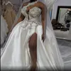 Crystals High Split Wedding Dresses One Shoulder Bridal Gowns Sexy Satin Sweep Train Custom Made Robe de mariee246f