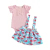 Completi di abbigliamento 2 pezzi Completi estivi per bambini Tinta unita Maniche corte Pagliaccetto Flamingo Stampa Bretelle Abito per neonate 0-24 mesi