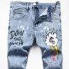 Men's Jeans Men Printed Stretch Jeans Fashion Flame Letters Dollar Painted Denim Pants Snow Washed Slim Straight Trousers J230728