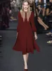 Casual Dresses Standing Collar Lantern-sleeve Wine Red Embroidery Single Breasted Button Retro Temperament Black Long Dress Chiffon