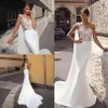 Julie Vino 2021 Meerjungfrau-Hochzeitskleider mit Wickel-Spitze-Applikation, ärmellose Satin-Brautkleider, sexy, tiefer Ausschnitt, Fischschwanz, Wedd248Z