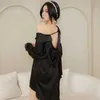 Yaz Sonbahar Uzun Kollu Kadınlar Nightwear Siyah iç çamaşırı Seksi Nightgown Düğmesi Saten Uykulu Sleepshirtler Gece Elbise Skezi Gömlek L230626