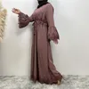 Abbigliamento etnico Cintura con nappe Abito lungo Splicing Decal Design Musulmano Robe Flare Petal Sleeve Kaftan Tinta unita Abaya Jalabiya Per le donne