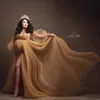 Robes de bal en tulle doré sans bretelles pour les femmes enceintes robe de photoshoot fendue sur le devant avec manches amovibles robe de soirée