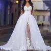 Elegant Wedding Dresses with Overskirt Off the Shoulder Long Sleeve Lace Bridal Gowns with Detachable Train308q