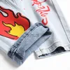 Men's Jeans Men Printed Stretch Jeans Fashion Flame Letters Dollar Painted Denim Pants Snow Washed Slim Straight Trousers J230728